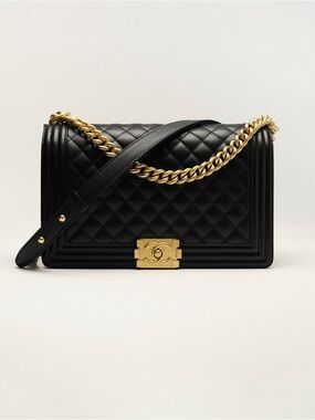 CHANEL Black Quilted Caviar Boy Bag Shoulder Bag with Gold Chain